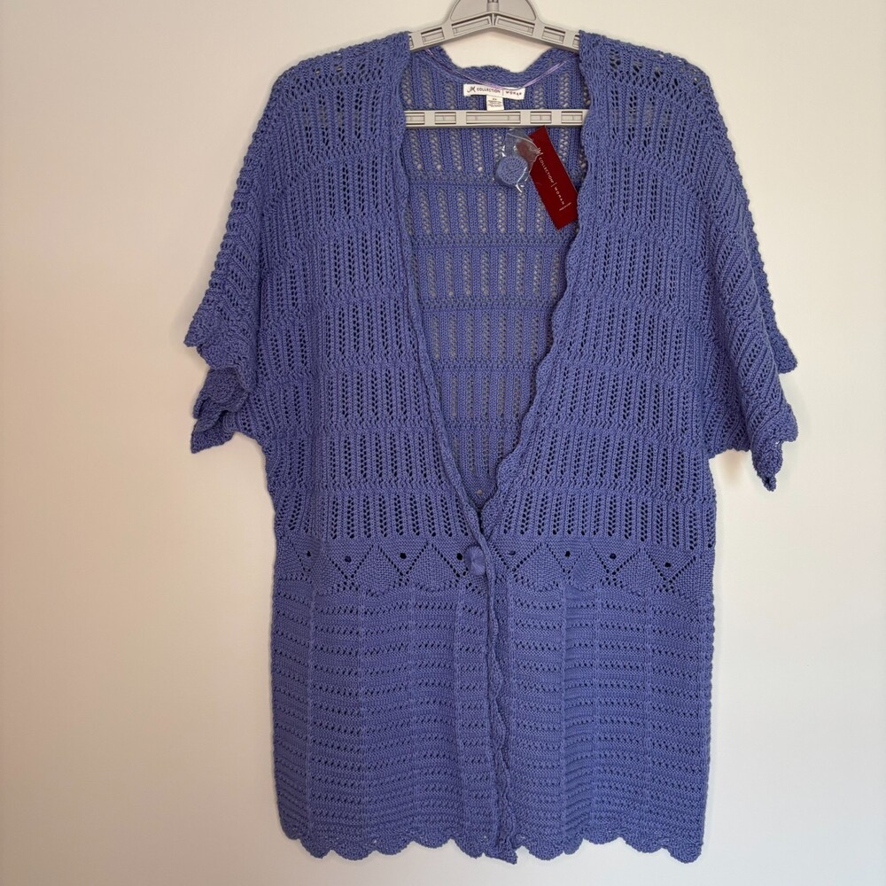 MACY'S JM Collection NEW 1-Button Knit Cardigan Plus 2X Baltic Blue Crochet
